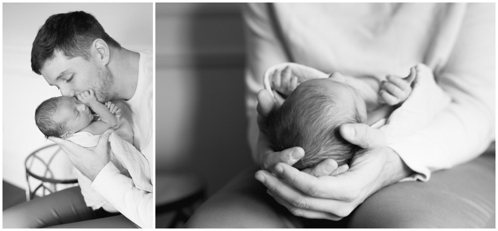Dad kissing newborn and dad holding newborn's head in hands during session | NKB Photo