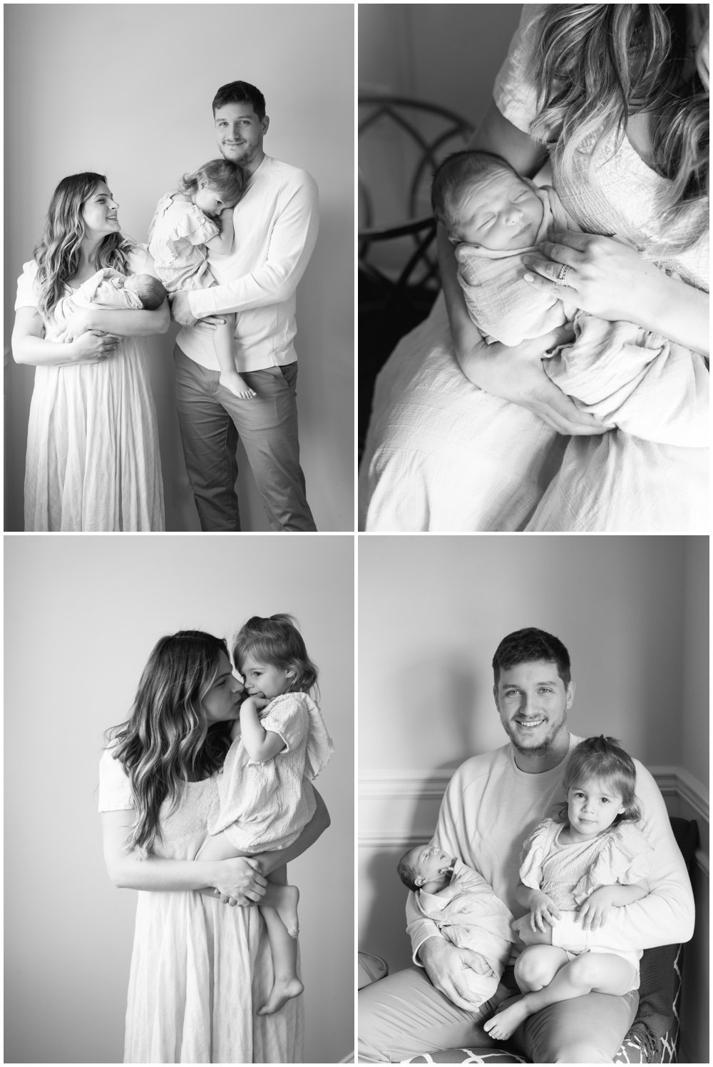 Mom, dad, and daughter with newborn baby in newborn's nursery during session | NKB Photo
