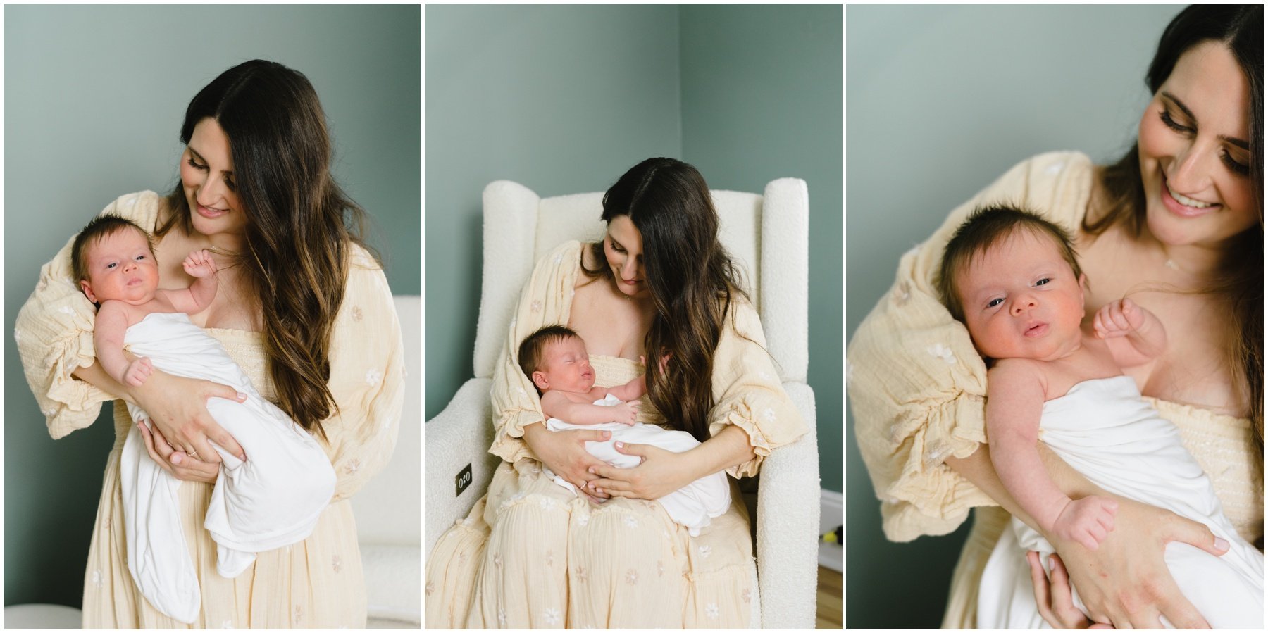 Mom holding newborn in nursery rocker during Florida milestone photography | NKB Photo
