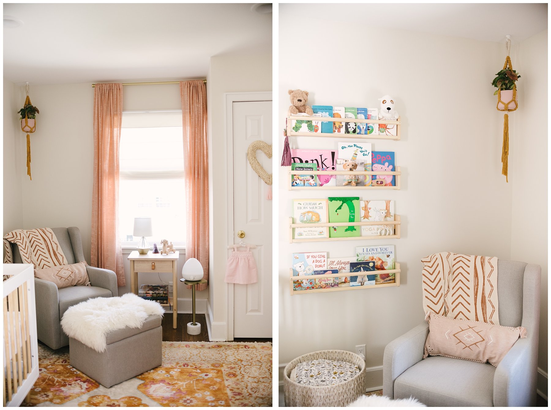 Boho nursery inspiration with pink curtains and boho rug in photo during with Fort Lauderdale photographer | shelves of children's books with in corner with glider | NKB Photo