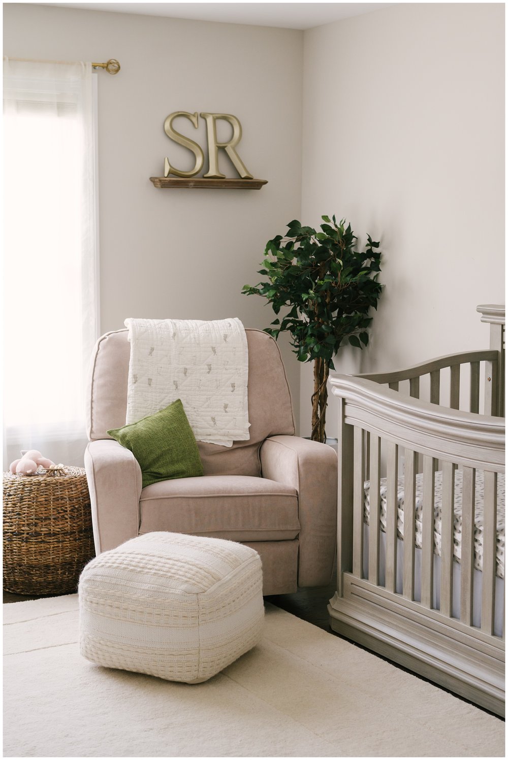 Neutral nursery furniture with green and gold accents in session with Fort Lauderdale photographer | NKB Photo