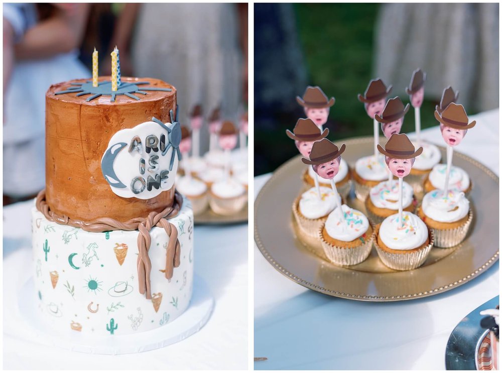 Cowboy themed first birthday cake | cupcakes with toddler's face as cake toppers | NKB Photo