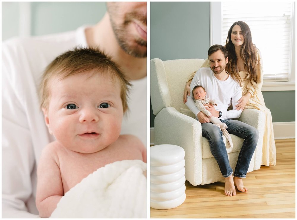 Newborn sitting with dad and looking at camera | Dad holding newborn in rocker with mom next to him | NKB Photo
