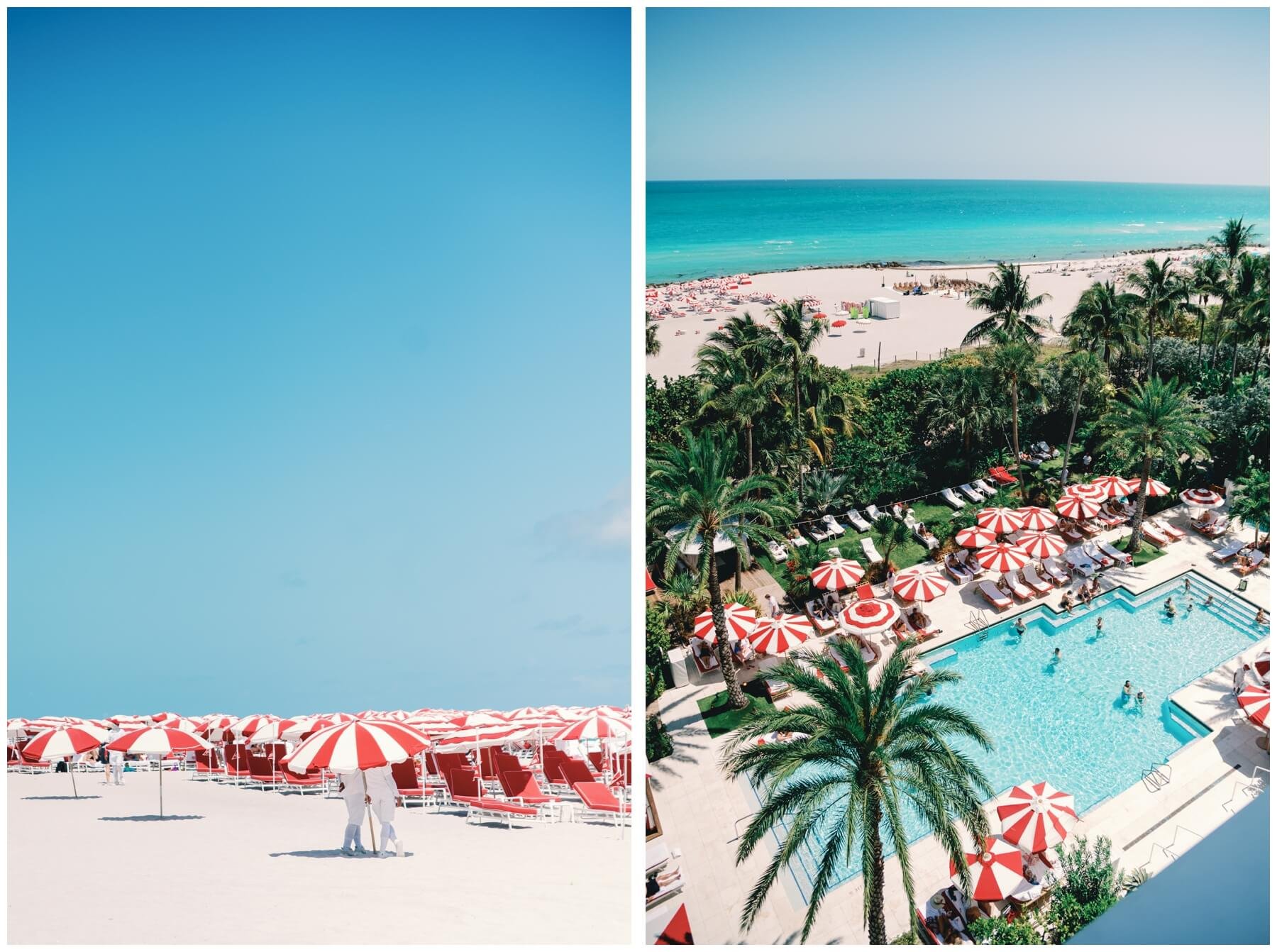 A sea of red and white umbrellas on North Beach in Miami | View of pool and ocean from hotel balcony in North Beach