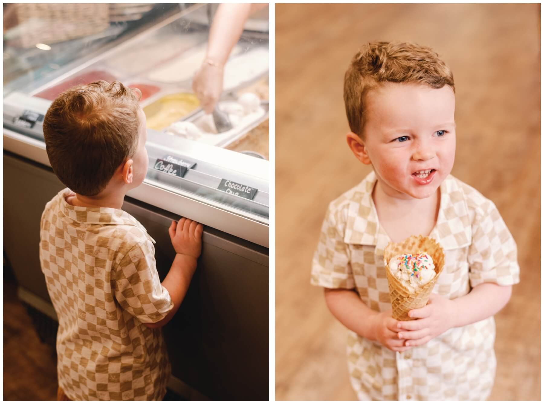 Boy looking at ice cream choices and holding ice cream cone
