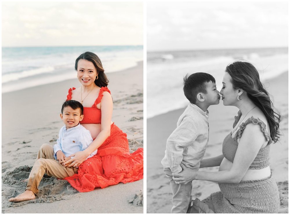 Mom and young son sitting on beach and kissing during maternity session