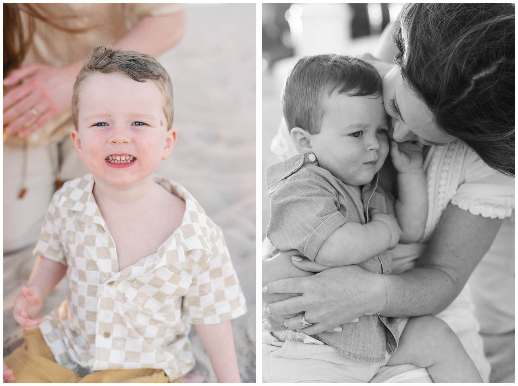 Toddler smiling at camera and toddler sitting in mom's lap | NKB Photo