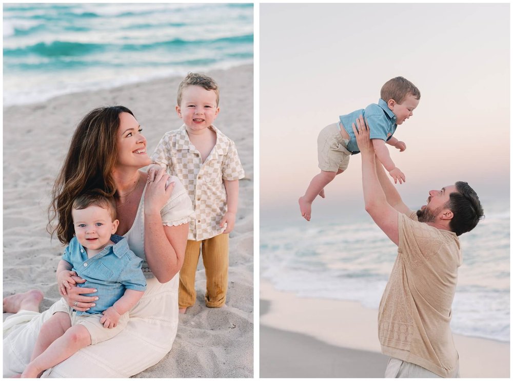 Toddler sitting on mom's lap on beach and toddler being thrown in the air by dad | NKB Photo