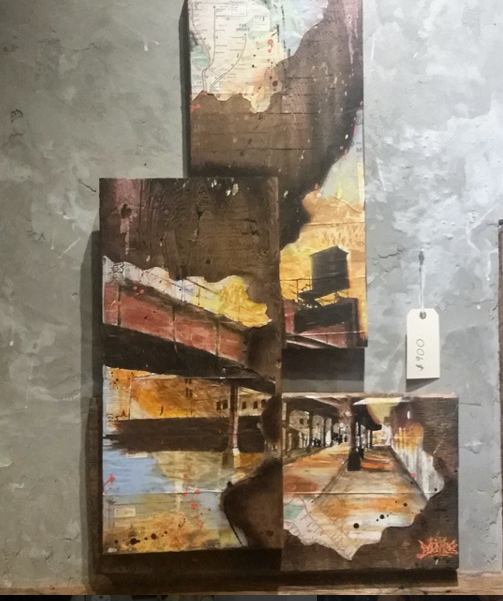Under the 7, mta map collage acrylic , on reclaimed wood SOLD