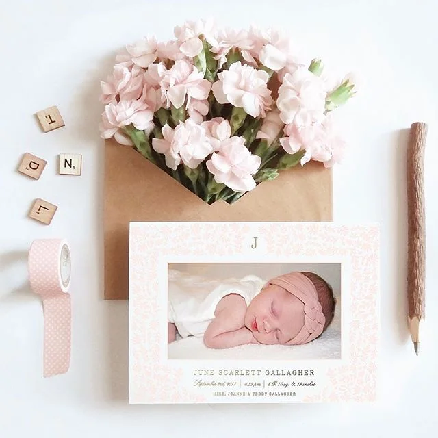 Nothing makes me smile more than this adorable birth announcement for one of our most precious clients, June Scarlett! Want to share the news of your special arrival? Our birth announcements are foil stamped and digitally printed on luxe cotton stock