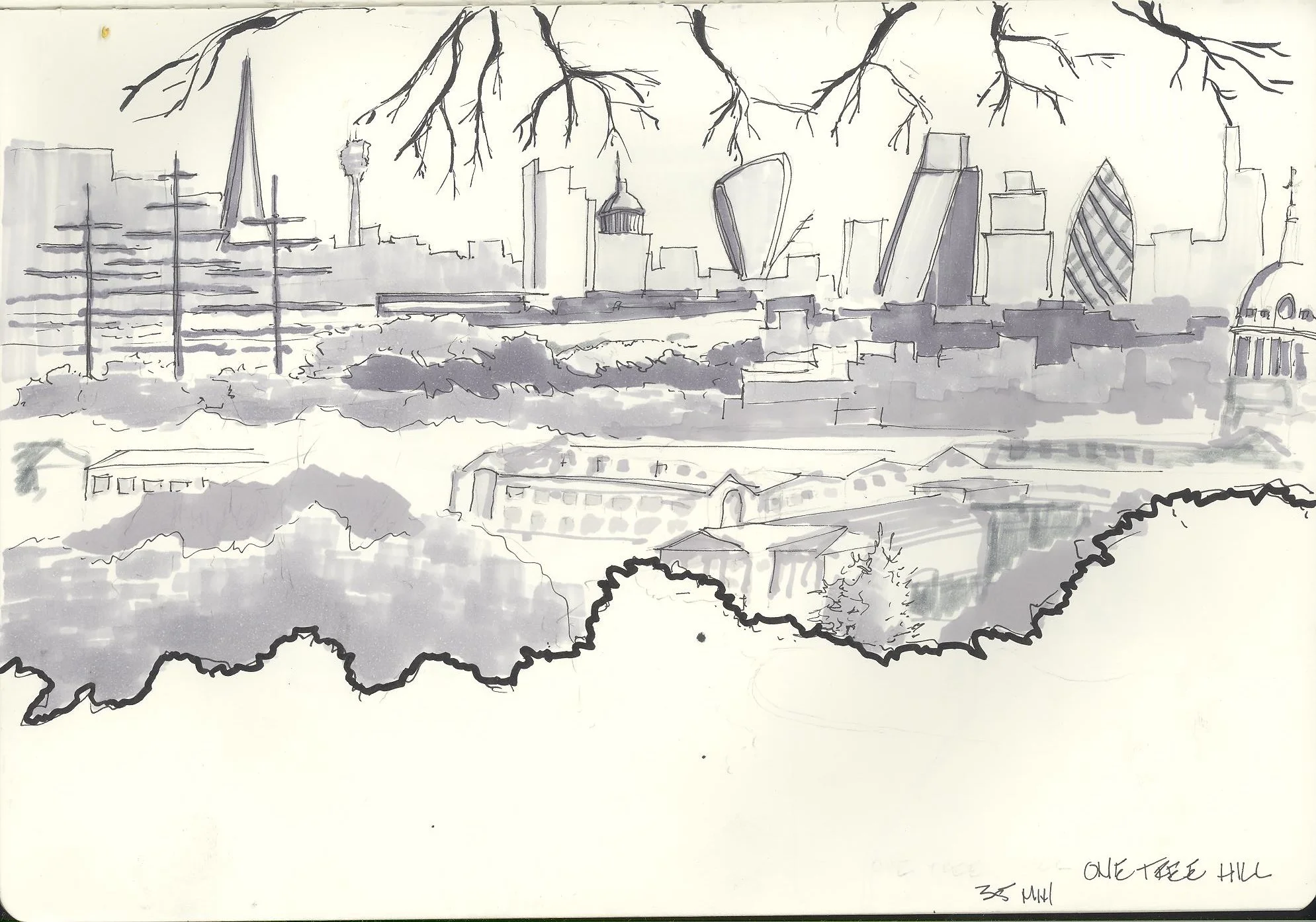 London Skyline. One Tree Hill, Greenwich Park. London, England