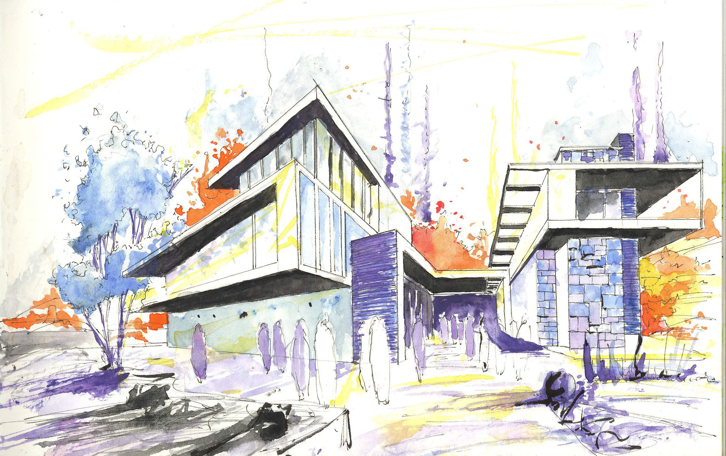  On-site line drawings and watercolor studies. 