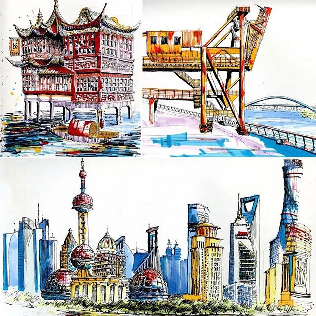 Sketches from Shanghai. A mix of the old and new. #urbansketchers #shanghai