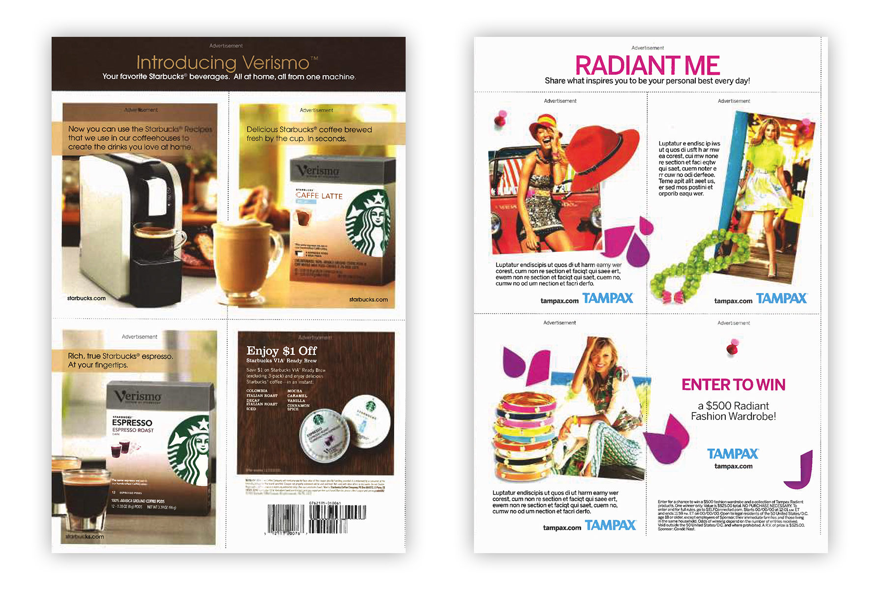 Tear out cards for Starbucks and Tampax advertorials