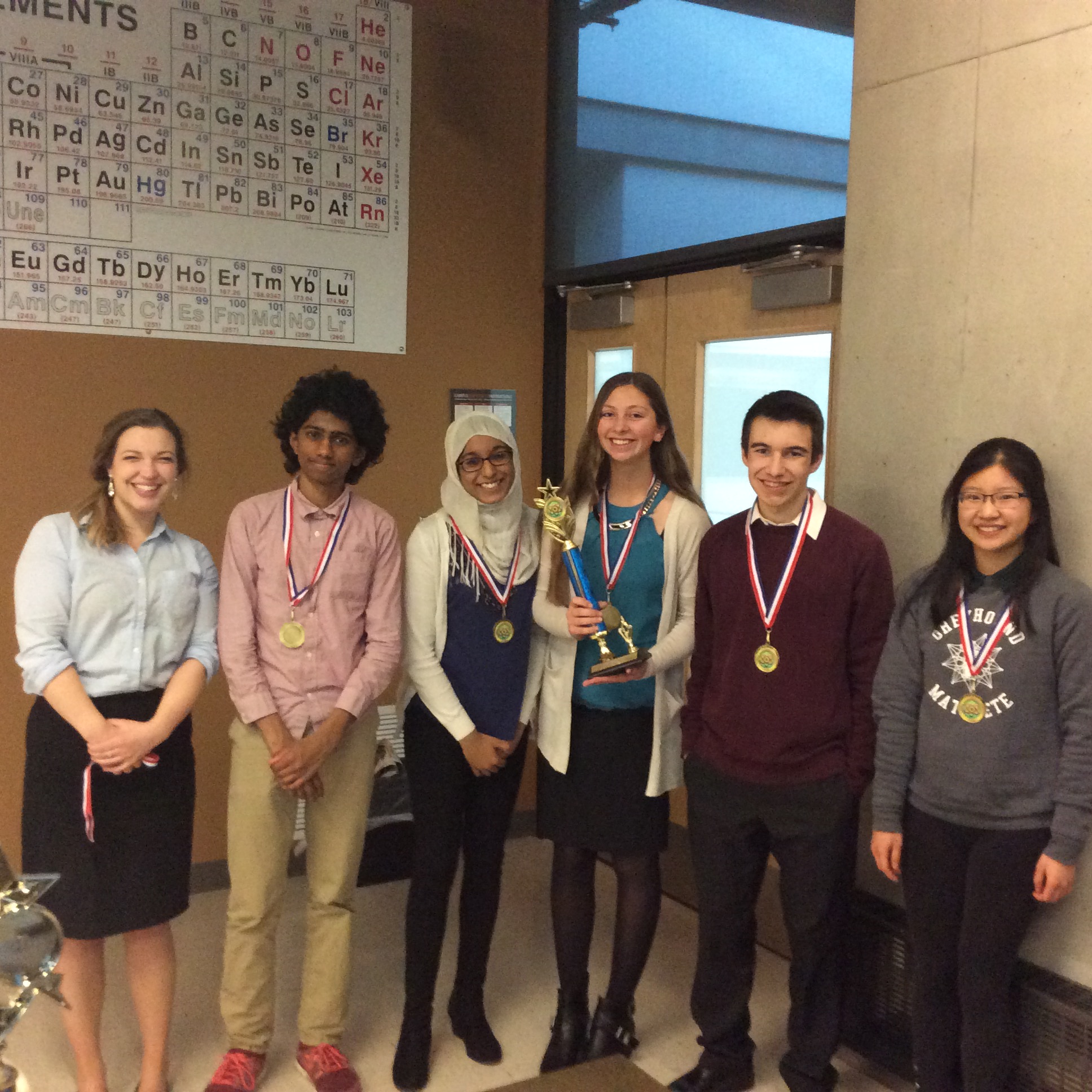 The 2016 PHS Varsity Science Bowl Team after a hard-fought second place finish at regionals. Pictured (Left to Right): Coach Brown, Shyam Venkatasubramanian, Aasiya Islam, Jacquie McAleer, Andrew Cohen, and Dana Lu