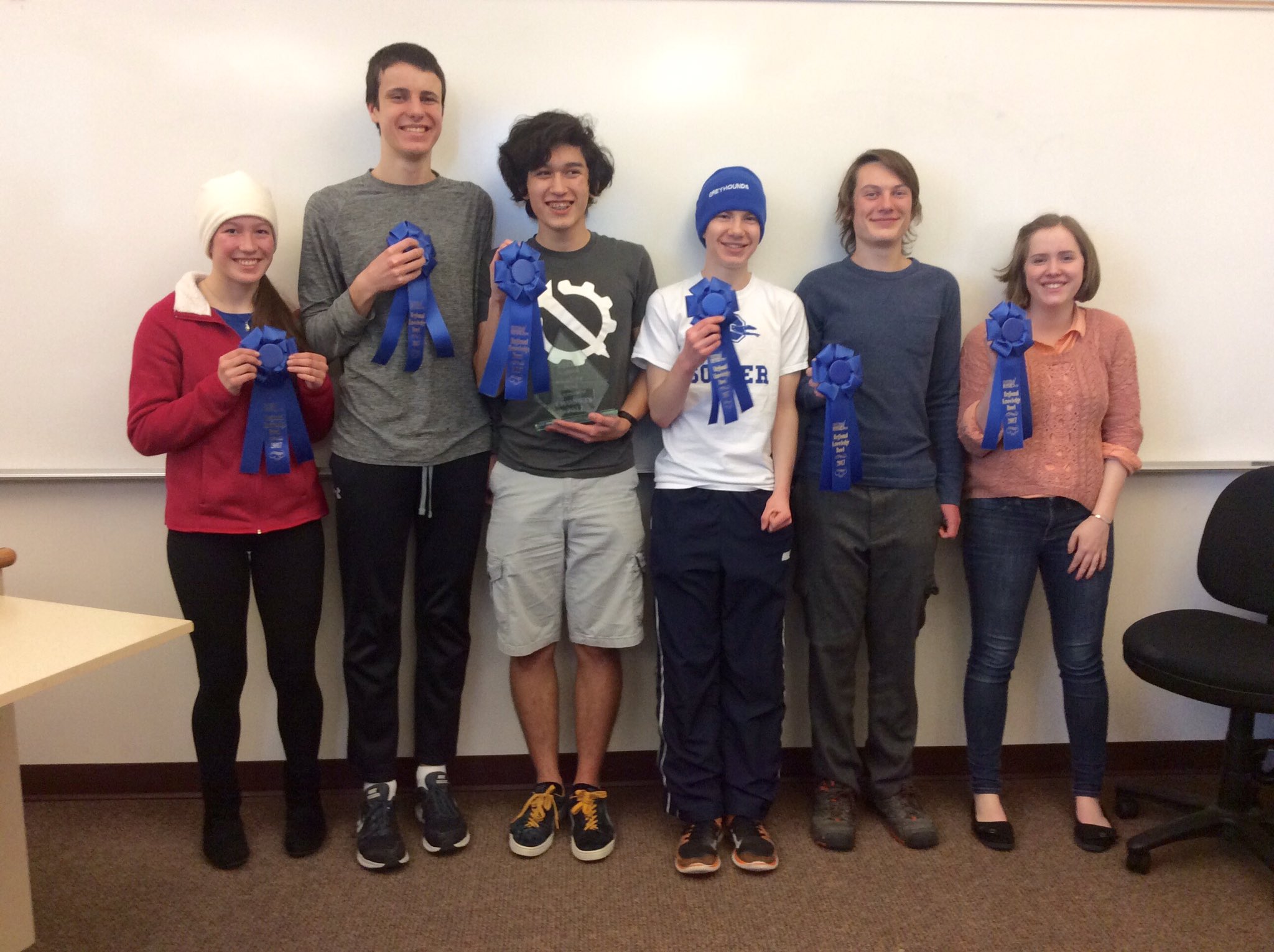 The 2017 PHS Varsity Knowledge Bowl Team after winning the NEWESD Regional Tournament! Pictured (Left to Right) Gillian Oaks, Ryan McCluskey, Jerome Campbell, Declan Edgecombe, Reed Harder, and Adelaide Willis. 