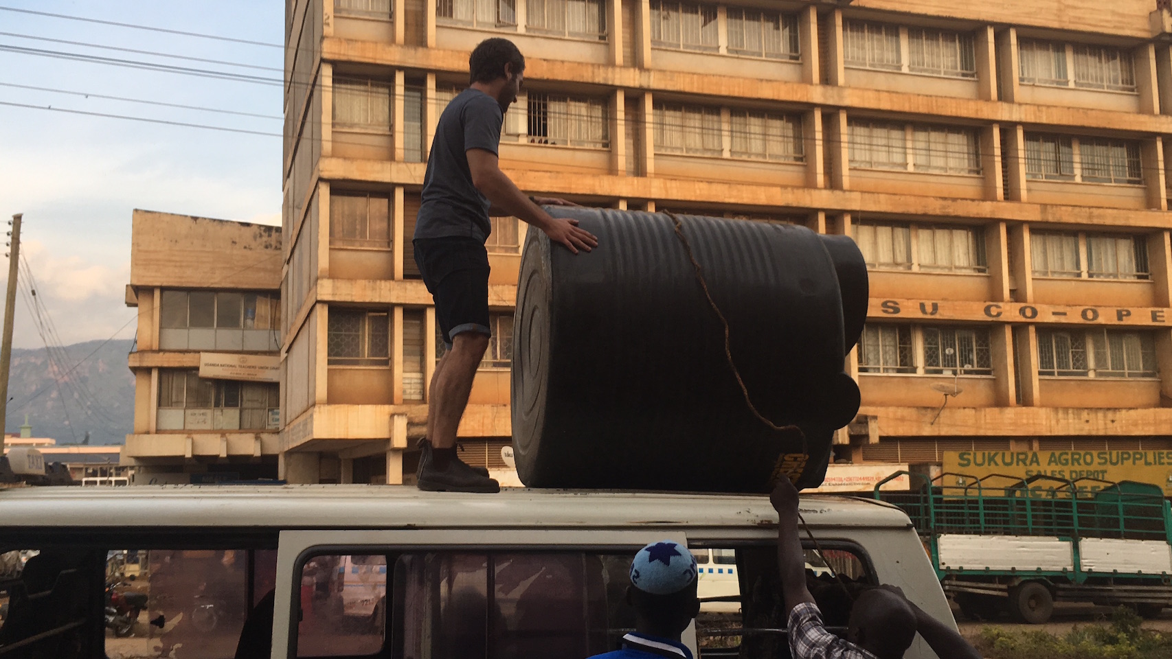 Transporting a 1000 Litre water tank used for rain catchment in our agricultural program.