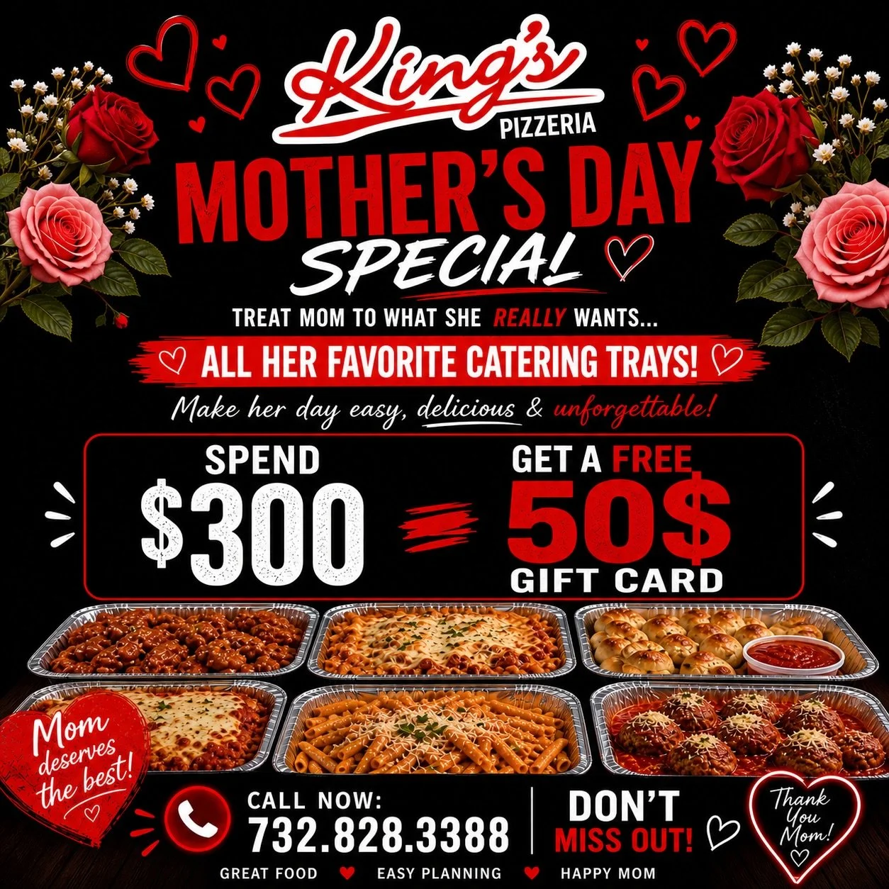 Make Mom&rsquo;s Day legendary with a feast fit for a Queen! 👑🍕Planning a family gathering? Let Kings Pizzeria handle the cooking so you can focus on Mom. When you spend $300 or more on our Mother&rsquo;s Day catering trays, we&rsquo;ll give YOU a 