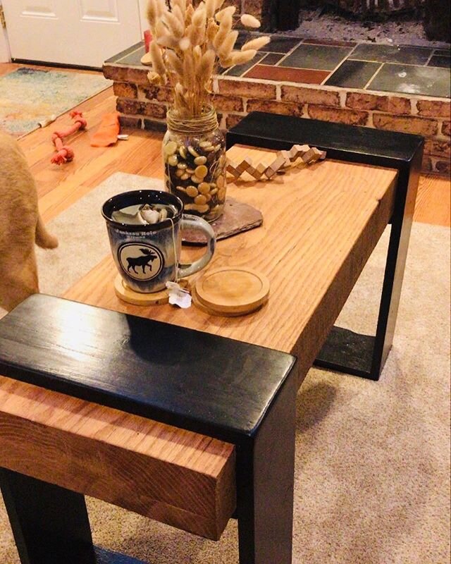 Needed a new coffee table and had some old rough sawed oak slabs and some scrap 1x6&rsquo;s Latin around. She&rsquo;ll do for now. #wood #woodworking #coffeetable #bored #quarentine  #art