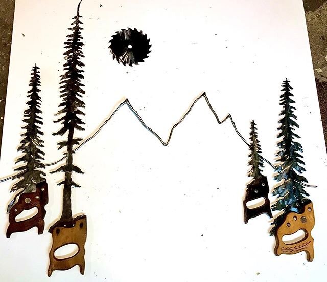 Quick weekend project. Plasma cut hand saw trees, circular saw blade and some scrap steel. #metal #metalsculpture #art #plasmacutting #handsaw #homedecor #diyhomedecor #diy #mountains #trees #pinetrees #tetons