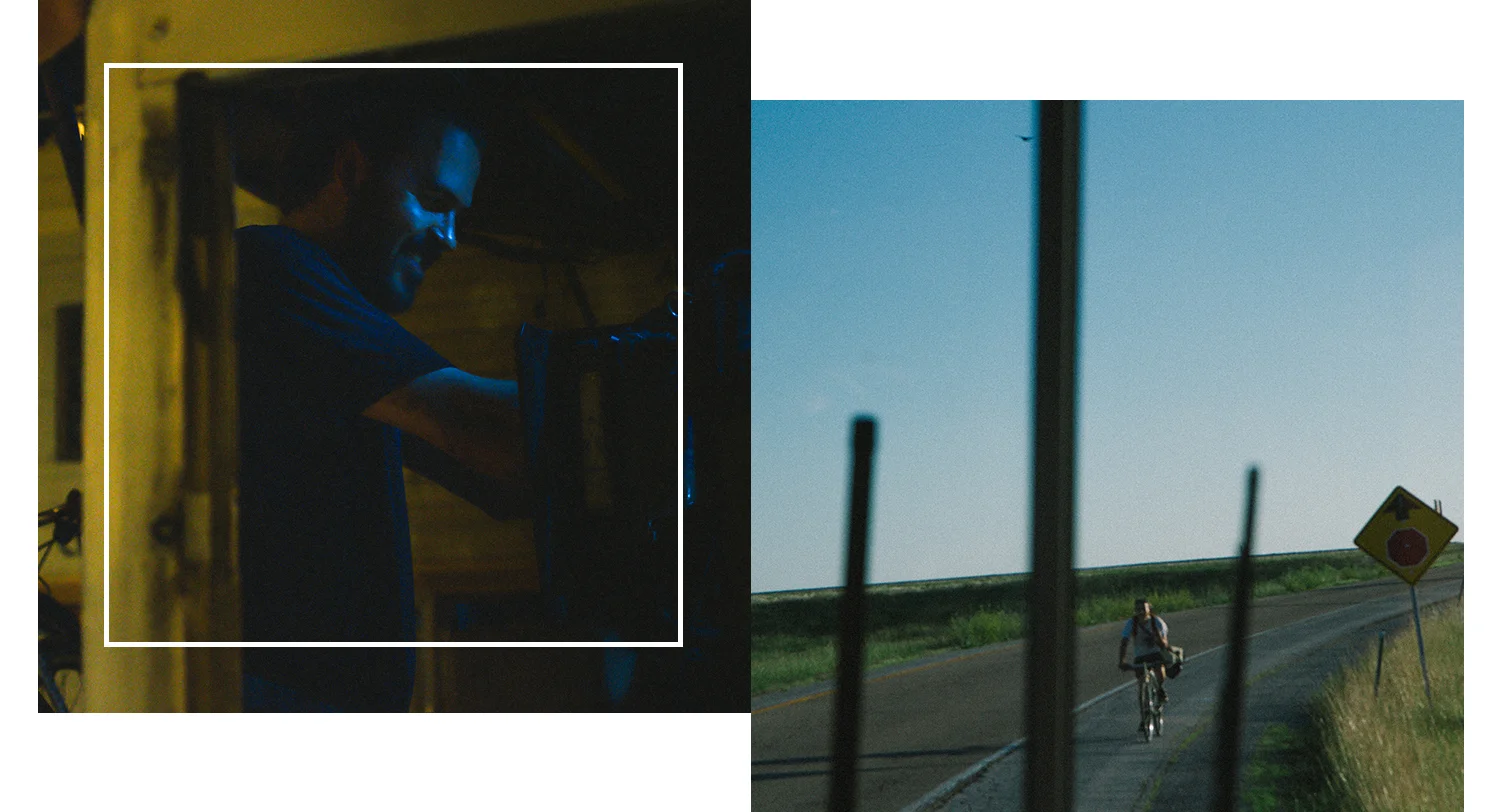Left: Diesel Joe working by lantern light to change all six of the bus' injector lines. Right: Austin on his way back from the nearest gas station with six quarts of transmission fluid.