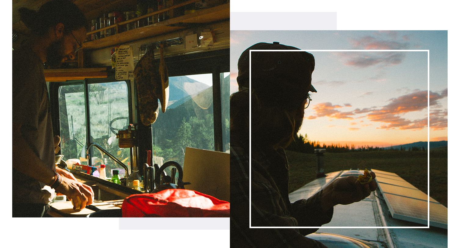 Left: Troy in the Ketchum Kitchen, looking down on our fishing spot while prepping dinner. Right: Enjoying roof tacos in Stanley, Idaho.