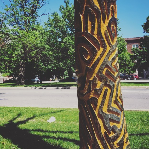 Art in the Park: The A &ldquo;maze&rdquo;ing Larvae of the Emerald Ash Borer 2017 by Janet Ash in Palmer Square Park. 
#middleouest #midwest #logansquare #summerinthecity #memorialdayweekend #art #chicagoparkdistrict #maze