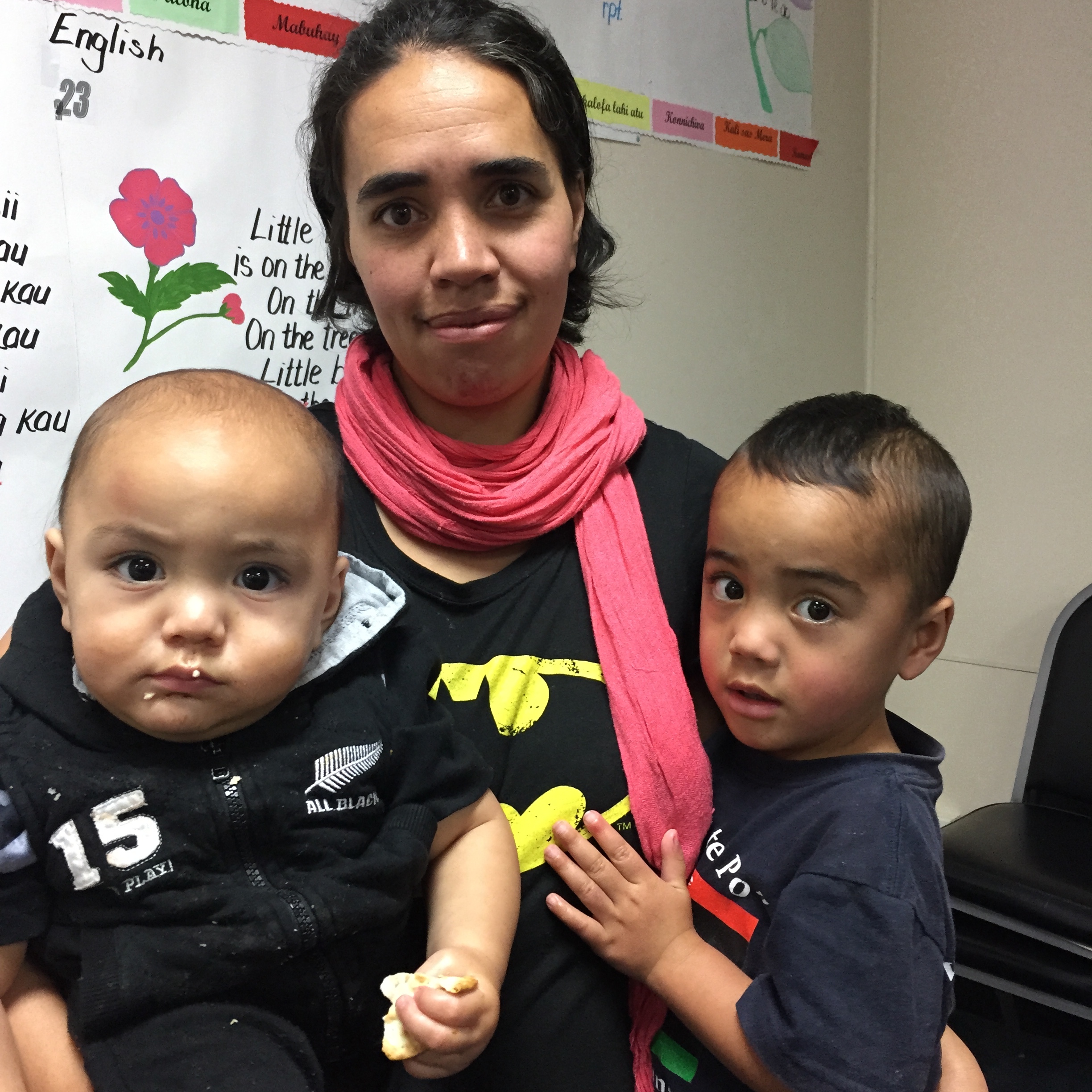 Mahinerangi with her youngest two sons, enjoying the kai