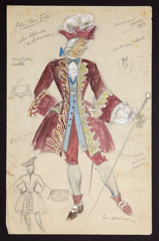Louis Kahan, Costume design for Don Alfonso, Cosi fan tutte , National Theatre Opera Company, Melbourne, 1953, gouache and pencil on paper, 33 x 21 cm, Arts Centre Melbourne, Performing Arts Centre.