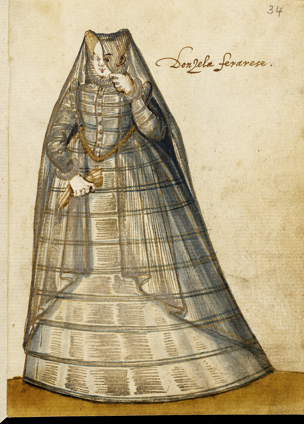  Fig. 5  ‘Donzella Ferrarese’. From an album amicorum of a German soldier, 1595. Los Angeles, Los Angeles Museum of Art, MS. 91, fol. 34 