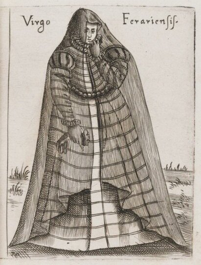  Fig. 7 Pietro Bertelli, ’Virgo Ferrariensis’. From  Diversarum nationum Ornatus  (Padua: Alciati, 1589), fol. 20 (detail). Yale, Beinecke Library. 