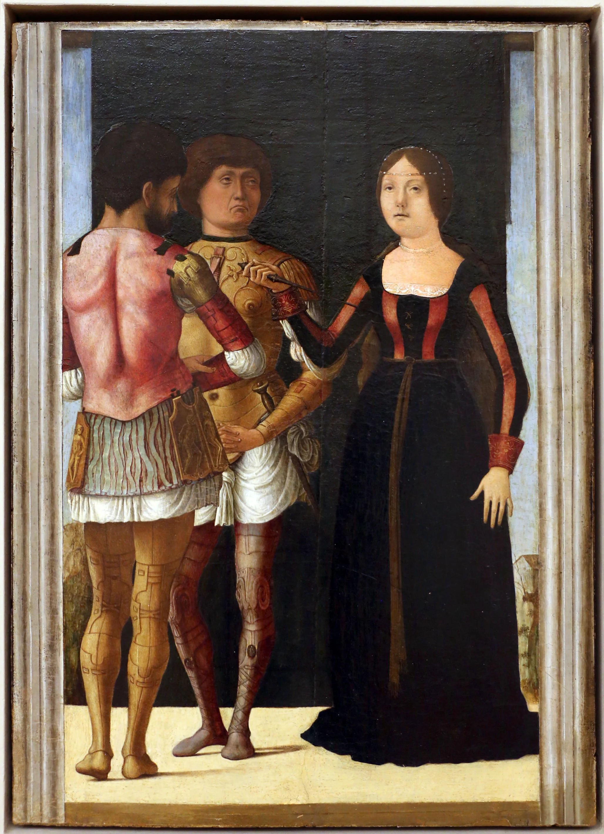 Fig. 4 Giovanni Francesco Maineri, designed by Ercole de'Roberti, ca. 1490- 93. Brutus, Lucretia and Collatinus. Egg-tempera on panel, 47 x 30 cm, Galleria Estense Modena, Italy. Image: Wikicommons.