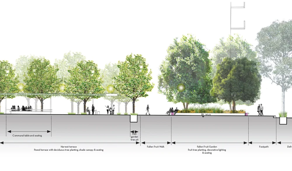 Section of the Harvest Terrace, Fallen Fruit Walk and Fallen Fruit Garden