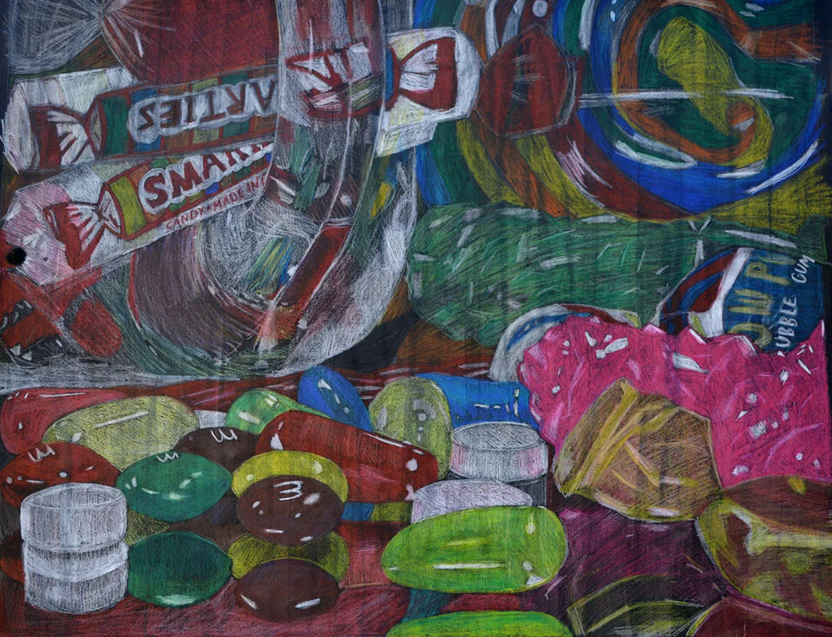  Candy still life in colored pencil on India Ink 