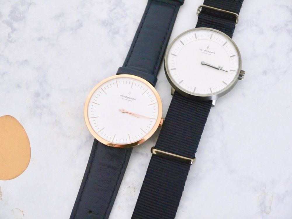 Nordgreen Copenhagen - 40mm Infinity in Rose Gold with Navy strap and Rose Gold hardware &amp; 40mm Philosopher in Gunmetal w/ Navy Nylon strap with Gunmetal hardware.