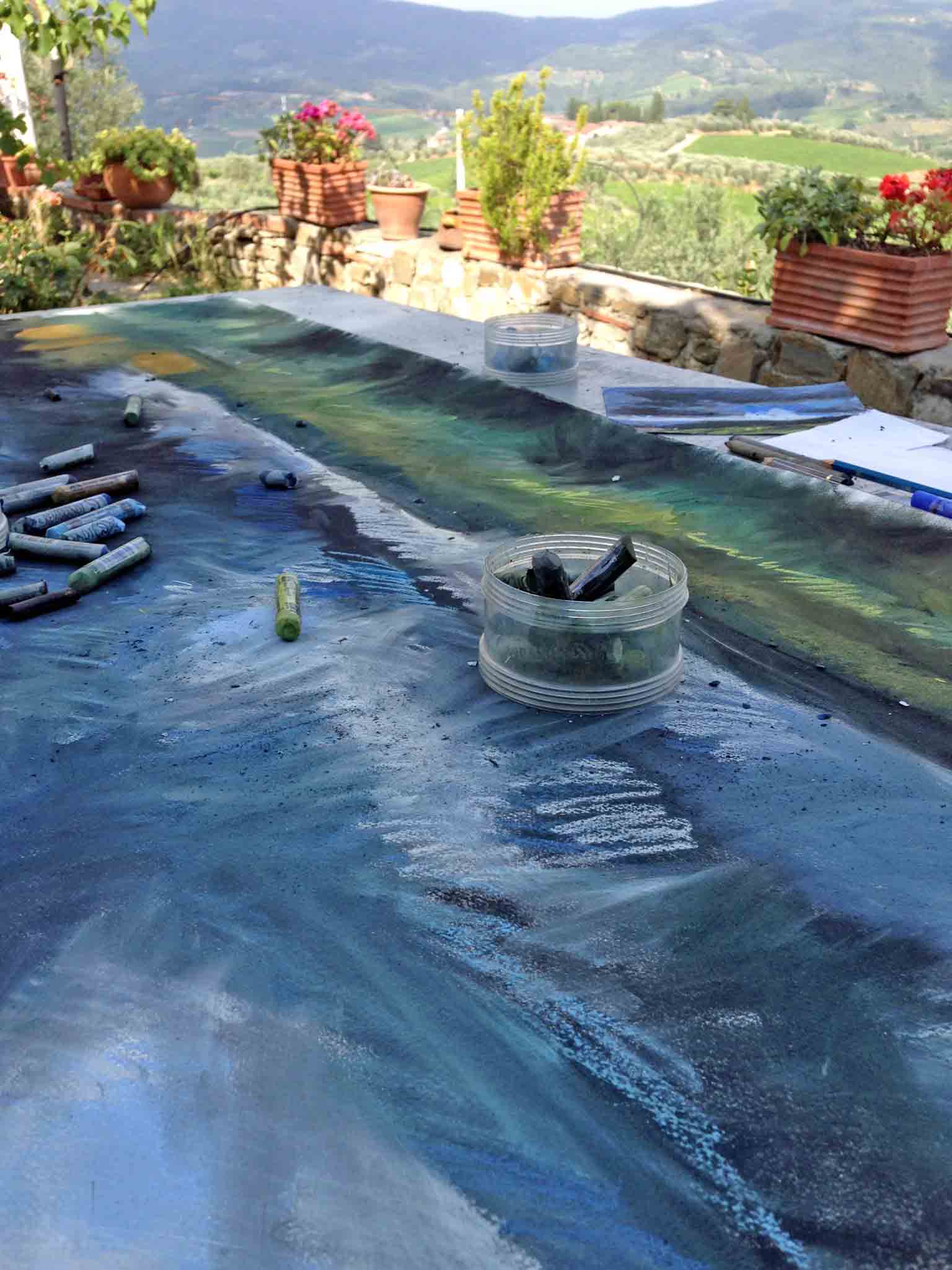 Soft pastel drawing in the garden at San Cresci