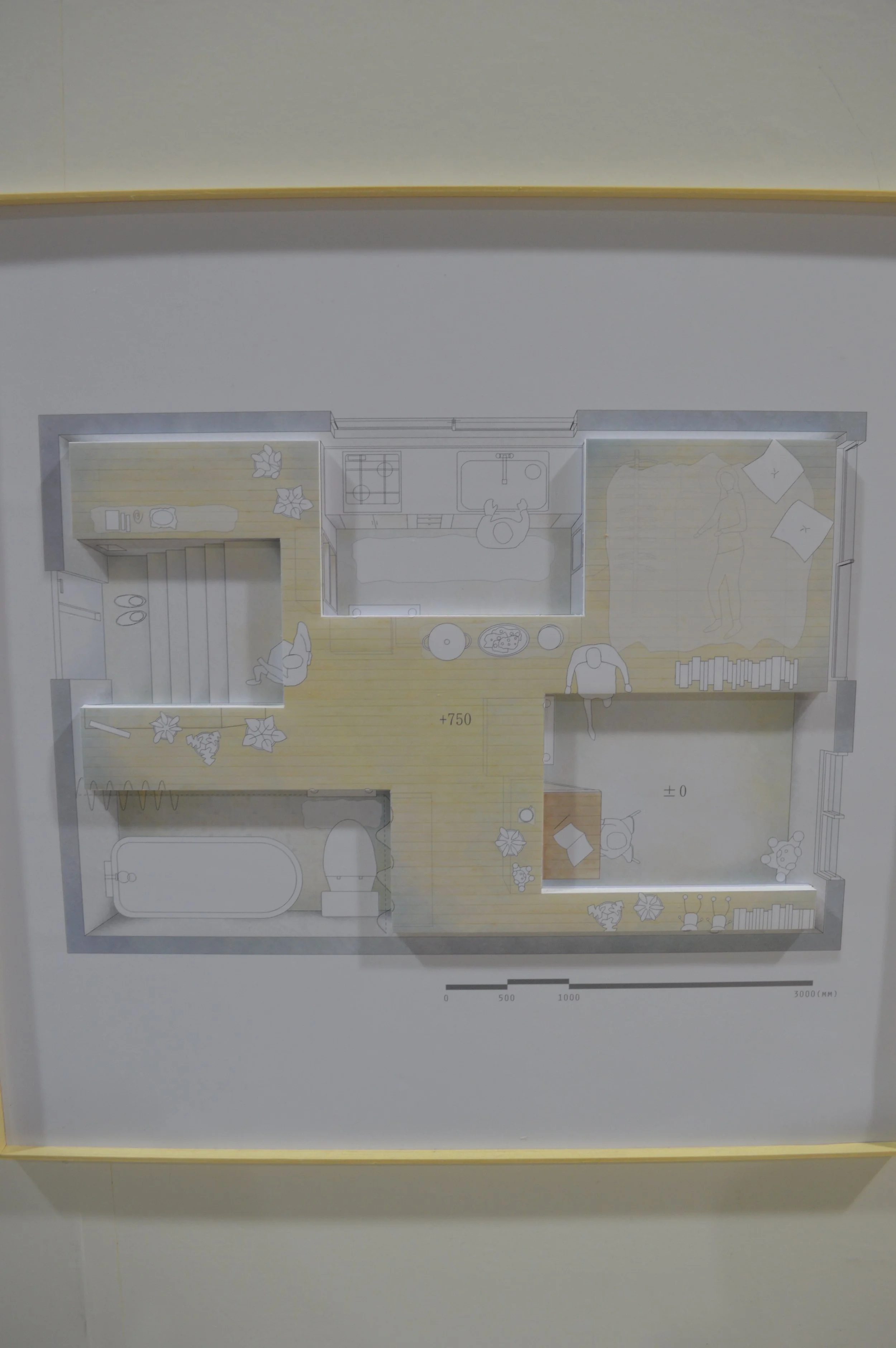 "Inhabit" space up top on the elevation; "use" space below. Though not visible, underneath the top right blanket and pillows is the bedroom. It's protected and cave-like.