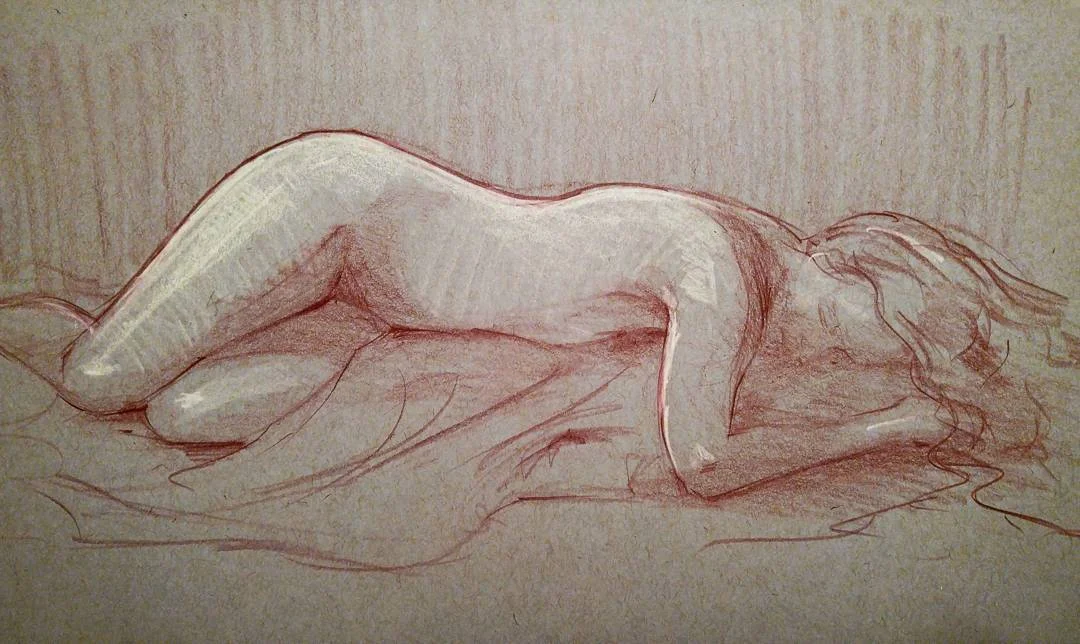 20-minute figure study. Col-erase pencil and white charcoal on toned gray paper.