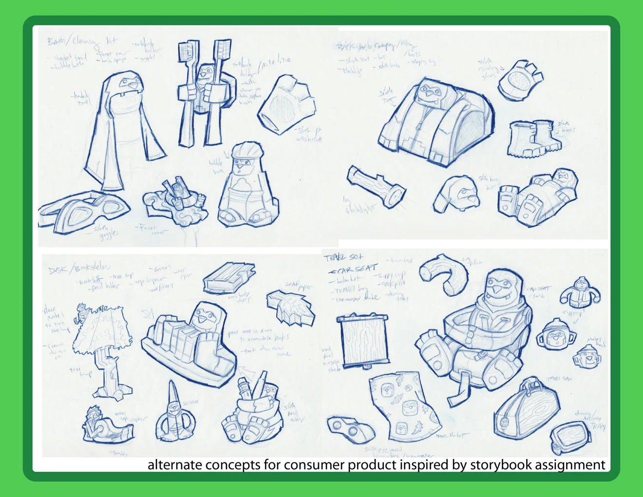 Alternate concepts for the consumer product inspired by storybook assignment.