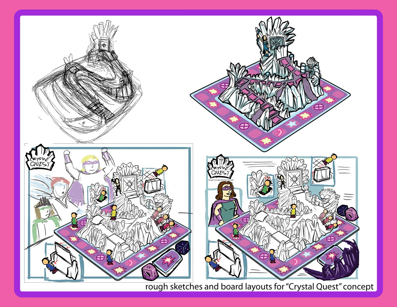 Rough sketches and board layouts for Crystal Quest concept board created for a tween board game assignment.