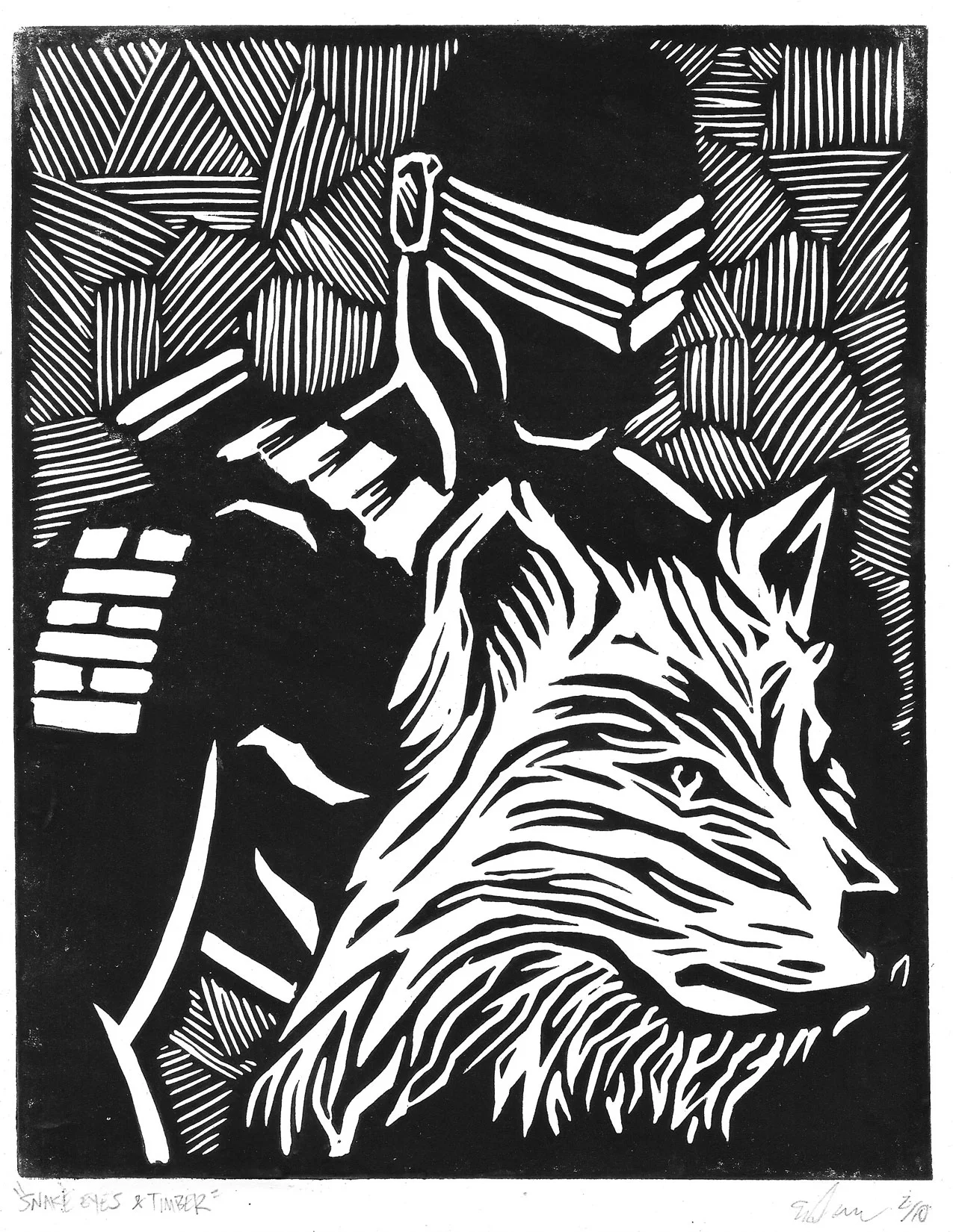 "Snake Eyes & Timber" - linoleum block print, 2016 8" x 10"