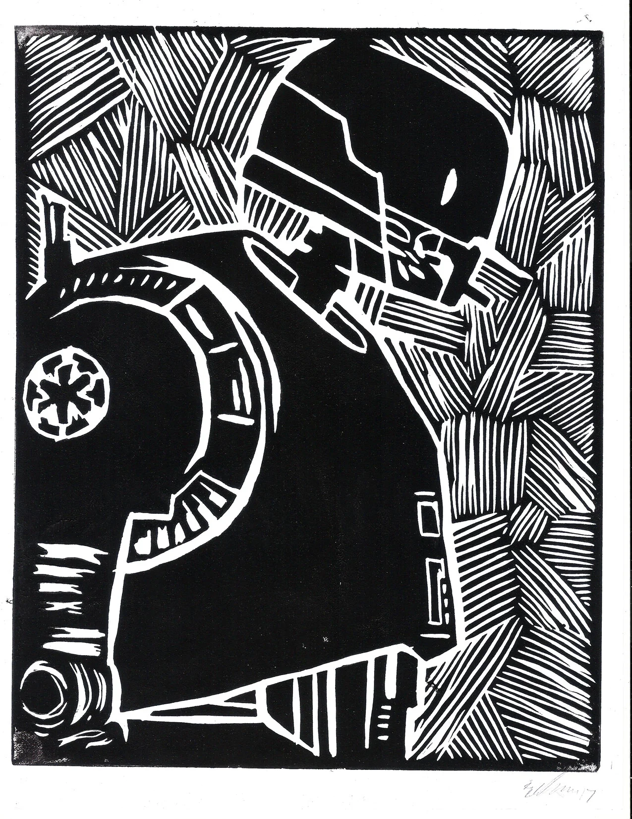 "K-2SO" - linoleum block print, 2017 8" x 10"