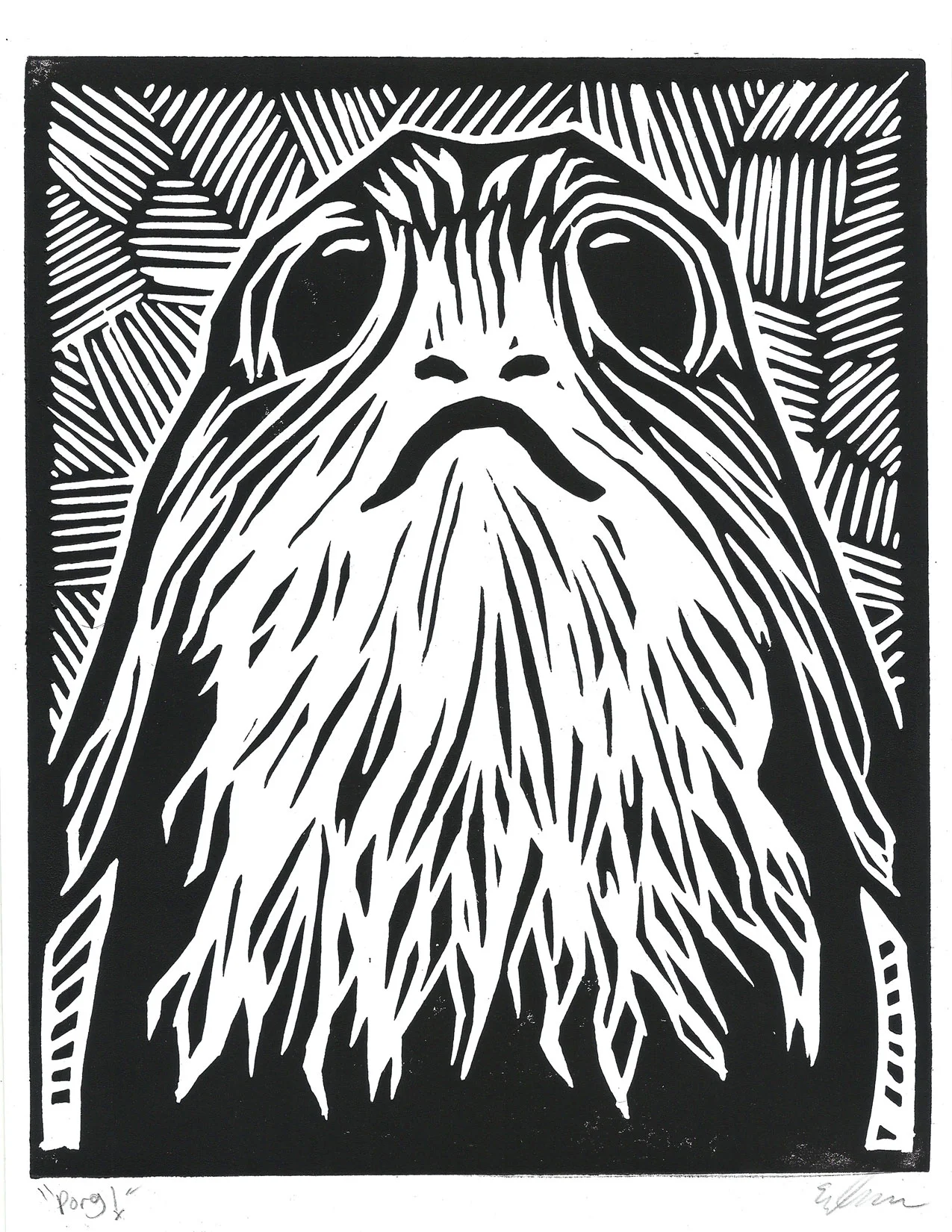 “Porg!” - linoleum block print, 2017 8”x10”