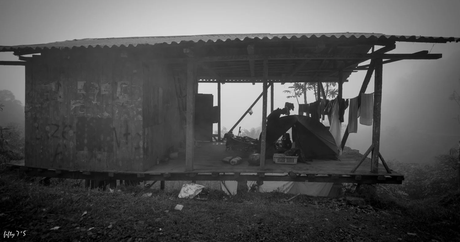 We were lucky to find this little workmans hut to pitch the tent, because otherwise there was just road and steep mountain side terrain.