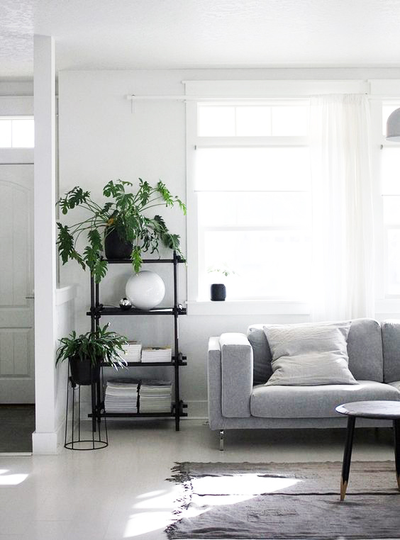 The Xanadu plant here, really helps balance the otherwise cold colors of grey and white. it still maintains the formality of the place, while making it far more pleasant and approachable. Notice the gorgeous stand.