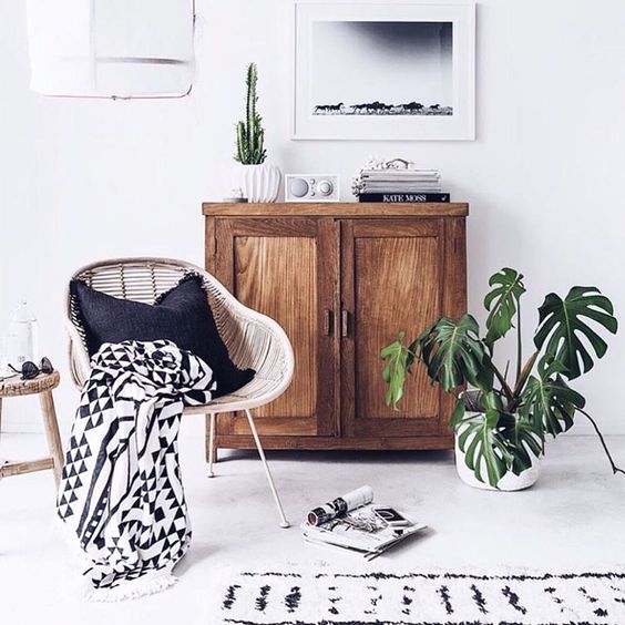 Doesnt the retro radio add a unique charm ? Along the mild grey cement floor and the rugged wooden cabinet, this living room makes for an amazing setting for a Monstrea to complete it.