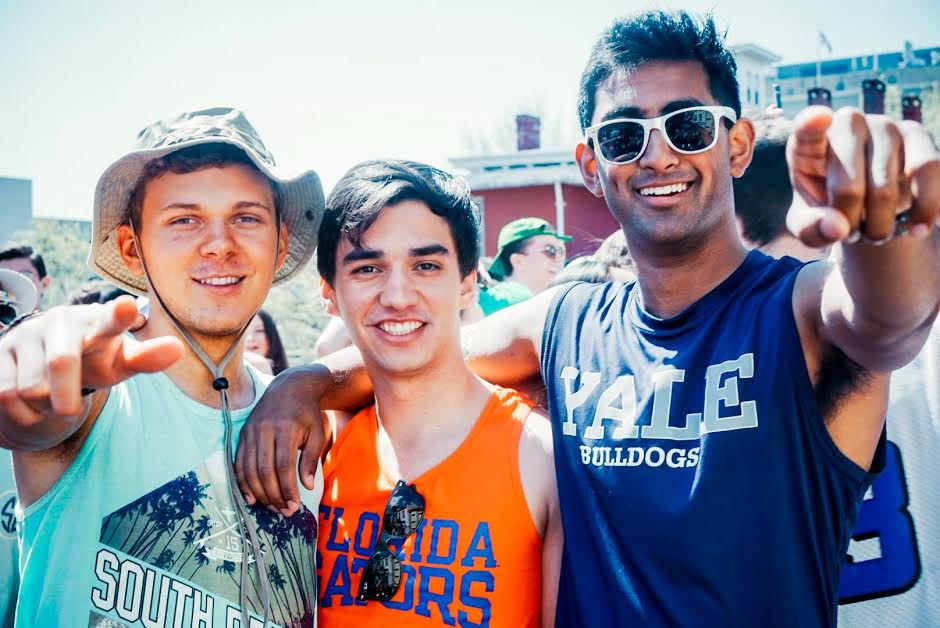 Left to right: Michael Aguero-Sinclair ’18, Christian De León ‘18, Mrinal Kumar ‘18 Graphic tank tops seemed like the way to go for this spring day.