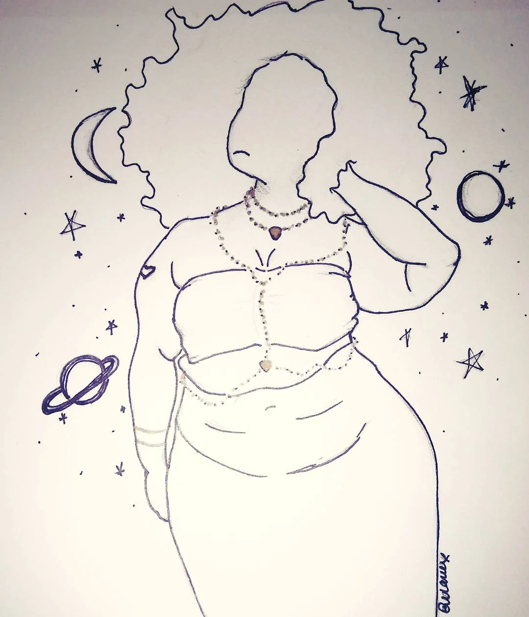 "Out of This World Beauty" Every day is a new day of self realization. Being a woman means being everything all at the same time. Being sexy enough, smart enough, strong enough, conventionally beautiful enough, being able to accept things that cannot be changed...being the change, making a change. Although it can be hard at times to juggle all of life's responsibilities while still remaining true to ourselves, we must appreciate and realize... We are more powerful than we can even imagine. Intuition, spirituality, determination, and self love is taking us places. This sketch was inspired by you and me, curves and out of this world beauty. 