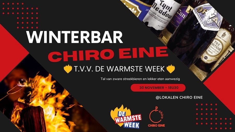 Deze zaterdag (30/11) organiseert Chiro Eine opnieuw een winterbar ten voordele van de warmste week. Dus iedereen is welkom om gezellig samen te genieten van fijn gezelschap, lekkere drankjes en streekbieren, toffe muziek en een lekker hapje. Dus kom