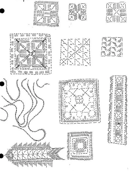 Square or rectangular panels that are much denser, built up from regular arrangements of individual stitches